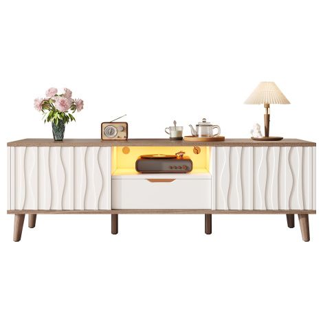 Meuble TV bicolore à panneaux ondulés avec éclairage LED pilotable par appli dimensions 160×40×52cm, meuble de rangement pour salon avec tiroir et placards latéraux