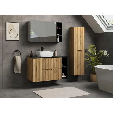 Meuble de salle de bain suspendu 60 cm – marron – façades cannelées – fermeture douce – plan de toilette effet marbre noir – sans vasque (1/5)