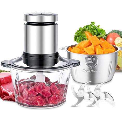 Hachoir Électrique 400W, Hachoir à Viande avec 2 Bols (Verre 2L + Inox 2L), 2 Lames Bi-niveau, Mixeur hachoir, Légumes, Oignons, Fruits