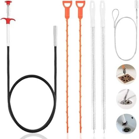 6-teiliges Abflussreinigungsset – 1,6 m lange Zange, Abflussspirale, Reinigungsbürste und Flaschenbürste für Küche, Bad, Dusche, Kühlschrank – (1/5)