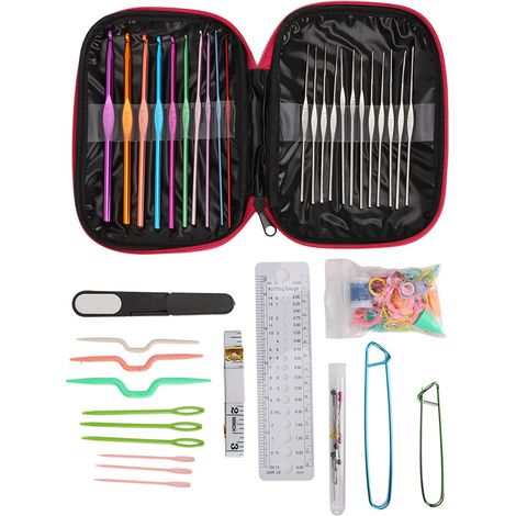 Kit de 100 outils pour tricoter des pulls, comprenant 22 aiguilles à crochet en métal et accessoires de couture pour le bricolage (Rosy). (1/5)