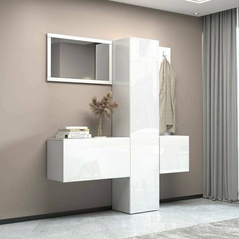 Dmora - Mueble de entrada Vernante, Armario multifuncional con 3 puertas, Perchero de pared con espejo, 170x35h190 cm, Blanco (1/5)