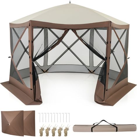 Tenda gazebo da esterno per campeggio e pareti in rete, Tenda hub a 6 lati con montaggio istantaneo Caffè (1/3)