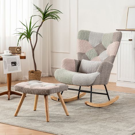 Fauteuil à bascule + pouf en tissu bouclette patchwork rose et gris (1/5)
