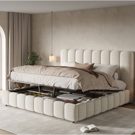 MODFU – Letto contenitore idraulico 160x200 cm con rete a doghe, testiera in bouclé e piedini in legno – Bianco (1/5)