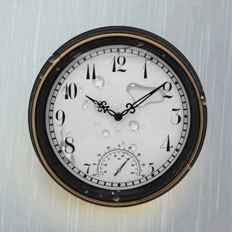 Wasserdichte Außenwanduhr mit Thermometer IP44, runde Vintage-Gartenuhr, 12 Zoll (1/5)