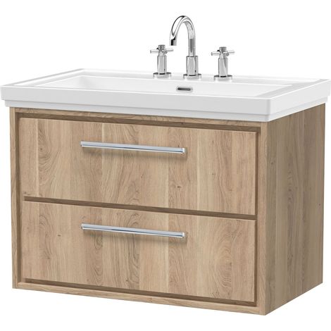 Longnor 2 Drawer Wall Hung Vanity Unit with 3 Tap Hole Traditional Fireclay Basin, Light Oak, 800mm