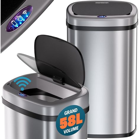 Poubelle automatique 58 L – Acier inoxydable argenté – Capteur de mouvement – Fermeture silencieuse – USB/batterie – Affichage LED – Cuisine/bureau (1/5)