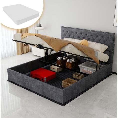 Lit moderne minimaliste en velours hollandais gris 160x200 cm avec tête de lit haute, sommier à lattes et matelas inclus