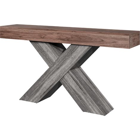 Console étroite design à pieds en X, plaqué bois, panneau de particules, pour couloir et salon, finition noyer (1/5)