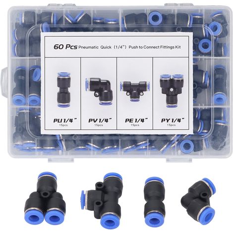 Kit de raccords de tuyaux d'air, connecteur poussoir pneumatique de diamètre extérieur de 1/4 pouces, 60 pièces (1/5)