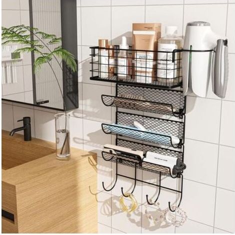 Support de Sèche-Cheveux Mural Organisateur 4 Étagères Panier en fil avec crochet, support résistant à la chaleur pour lisseurs de cheveux, parfums, porte de placard, salle de bain, cuisine (1/4)