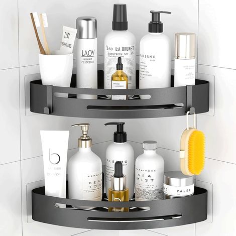 Etagere Douche Sans Percage Angle: Lot de 2 Etagere Salle de Bain Acier Inoxydable, Support Douche pour Bouteilles de Shampoing gel, Rangement Salle de Bain - Noir (1/5)