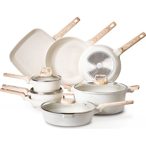 Mophorn Set di pentole in granito antiaderente a 19 pezzi, con padelle, rubinetti, padelle per soffriggere, coperchi in vetro temperato e protezioni per vaschetta, bianco