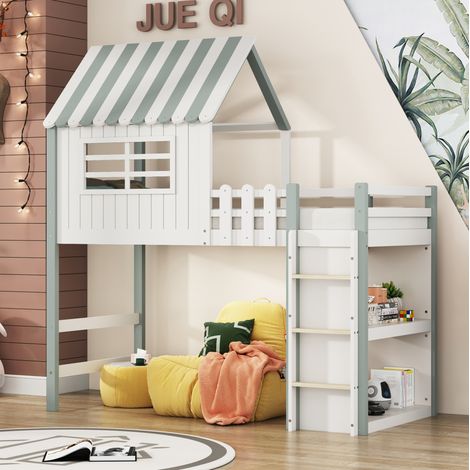 MODFU – Letto cabina semi-soppalco per bambini 90x200 cm in pino e MDF con scala di sicurezza, vano contenitore, 25 doghe e carico 120 kg – Verde (1/5)