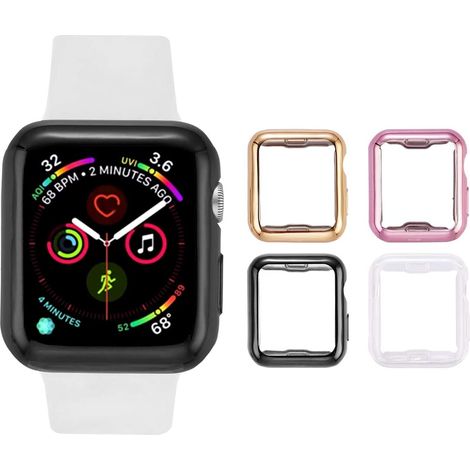 Lot de 4 coques 38 mm avec protection d'écran intégrée en TPU ultra-mince et transparente HD - Transparent + Noir + Or + Or rose (1/5)
