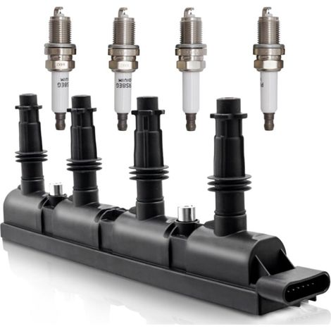 Bobina de encendido UF669 y 4 bujías de doble iridio 1675 compatibles con Cruze, Sonic, Trax, Encore, D521C PFR7S8EG 55577898, con y para Sonic 1.4L Turbo 2012-2020, ELR 1.4L 2014-2016-Crezuo