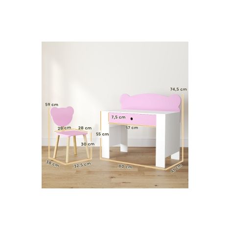 Ensemble bureau et chaise enfant rose avec plateau, tiroir et dossier en forme d ours pour chambre, école et salle de jeux (1/5)