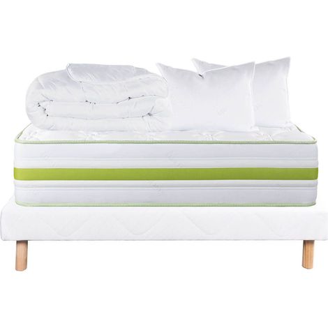 REVA - Pack Matelas + Sommier Tapissier Blanc 140x190 cm + 2 Oreillers + 1 Couette (1/5)