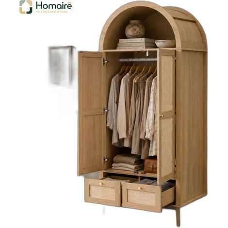 HOMAIRE Armoire 2 portes 2 tiroirs 180 cm chêne/beige rotin, forme arche (1/5)