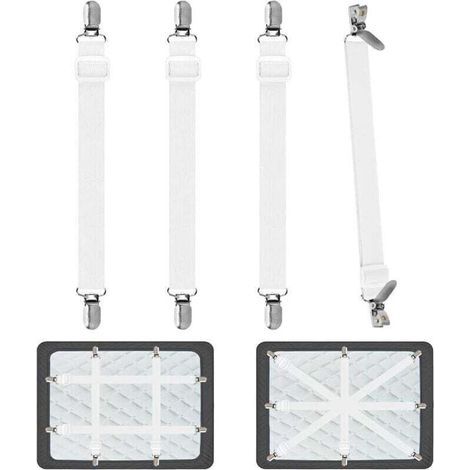 Tendeur Drap Housse pour Linge de Lit 4 Pièces, Réglable Sangles Draps Élastique Sangle de Maintien Ajustable pour Lit ou Canapé d'angle, Matelas, Fauteuil Sièges Coussin (Blanc)