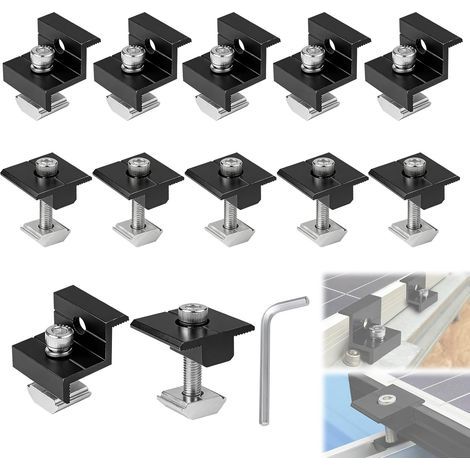 12-teiliges Solarmodul-Montageset (30–35 mm), Aluminium-Solarmodul-Schienenhalterungen, 6 T-förmige Mittelklemmen und 6 Z-förmige Endklemmen, PV-Dachklemmen, Schwarz (1/5)