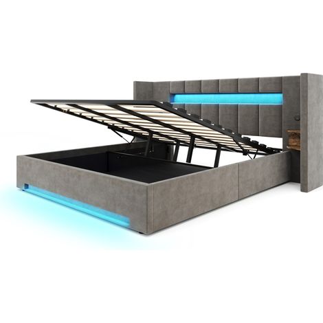 Cama con almacenaje de terciopelo gris oscuro 180 x 200 cm con USB, LED y espacio de almacenaje (1/5)
