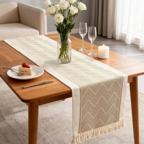 Chemin de Table Boho,35 cm × 120 cm Chemin de Table Bohème,Lavable,Beige et Marron Macramé Chemin de Table Boho,pour Décoration Table Salle à Manger, Baptême,Célébration,Mariage (avec Pompons)