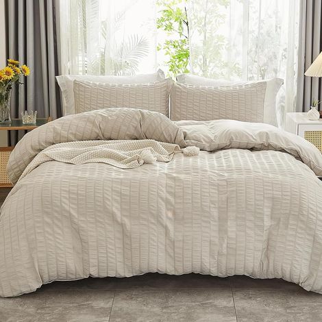 Seersucker Housse de Couette 200x200cm+2 Taie d'oreiller 65x65cm Gaufré Rayé Structuré Beige Parure de lit 2 Personnes Adulte Sets de Housse Couette en 100% Microfibre avec Fermeture Éclair (1/5)