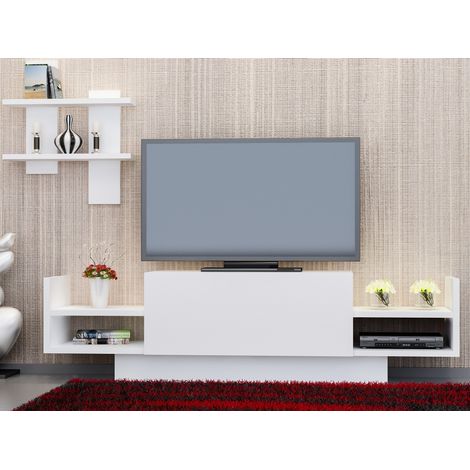 Meuble TV Moderne Blanc avec étagère Murale, 120 cm, Panneau de Particules 100% mélaminé, épaisseur 18 mm, Design scandinave élégant, étagères Multiples (1/5)