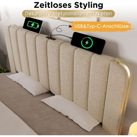 Lit tapissier une place éclairé, appui-tête avec garniture dorée, chargement USB Type-C, 90x200 cm, tissu en lin beige, lit coffre hydraulique (matelas non inclus). (1/5)