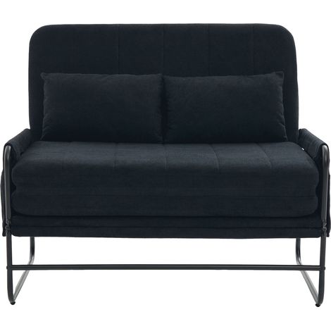 Canapé convertible 2 places en chenille noir – pliable, cadre métal, rangements latéraux – pour salon, bureau, appartement ou chambre d’amis (1/5)