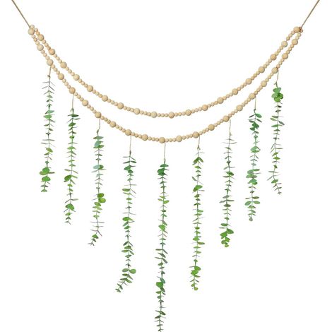 Guirlande Murale Eucalyptus - Perles Bois Artificielles - Décoration Boho pour Chambre Salon Bureau - 80 x 90 cm - 1 pièce (1/5)