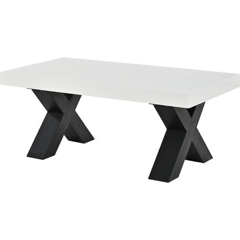 Table basse rectangulaire en MDF blanc brillant avec pieds croisés noirs, 100x50x40 cm (1/5)