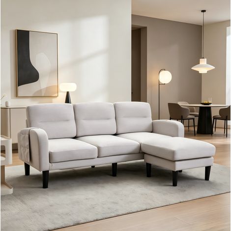 Canapé d’angle 3 places avec méridienne 204x136x80 cm, poches de rangement, coussins amovibles, tissu - beige (1/5)