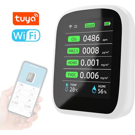 Moniteur de qualité de l'air Wi-Fi 8 en 1 avec grand écran LCD et plusieurs capteurs, capable de mesurer les PM1.0, PM2.5, PM10, CO2, TVOC, HCHO, la température et l'humidité (1/5)