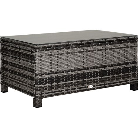 Table basse extérieur plateau verre trempé 5 mm, rotin tressé gris, 85x50x39 cm, charge max 70 kg, meuble jardin (1/5)