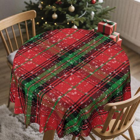 Nappe de table de Noël ronde 152 cm imperméable à carreaux rouge-vert pour cuisine et extérieur