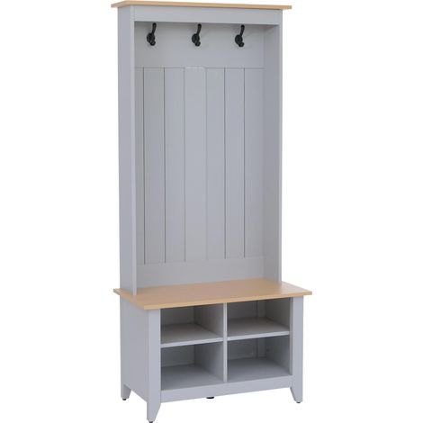 Aparador HHG-680, aparador de pie con estante para zapatos y banco, 3 ganchos y 4 compartimentos, melamina, 170 x 76 x 39 cm, gris claro, natural