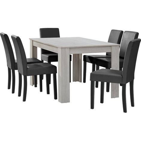 Mesa de comedor de roble blanco con 6 sillas tapizadas en cuero sintético gris oscuro 140x90 cm 030004035