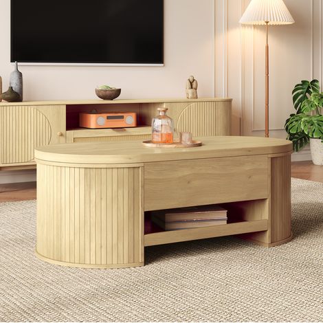 Mesa de centro elevable 110x55.5x40 cm color natural en MDF con almacenaje oculto y balda extraíble (1/5)