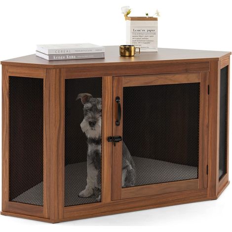 COSTWAY Gabbia per Cani ad Angolo, Casetta per Cani Angolare con Porta a Rete e Cuscino, Maniglia e Chiavistello, Mobile Kennel per Cani da Interno per Stanze e Appartamenti Piccoli (1/5)