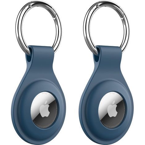 Custodia in silicone per AirTag 2021 con portachiavi, cover protettiva portatile per AirTag, facile installazione, confezione da 2 (blu scuro) (1/5)