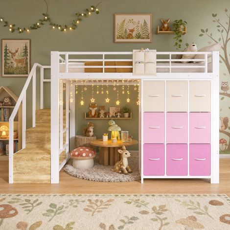 Letto soppalco 140x200 cm in metallo e MDF bianco salvaspazio, senza materasso FloraGrace (1/5)