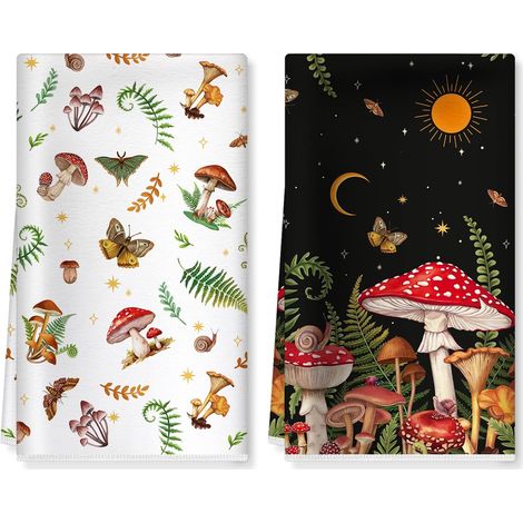 Torchons De Cuisine Microfibre Vaisselle Lot de 2, Champignons Rétro Serviettes de Cuisine Torchon Vaisselle, Doux et Super Absorbant Accroche Serviettes de Bar Cadeau 40 x 60CM (1/5)