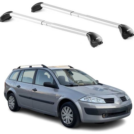 OMAC Barres de toit transversales certifiées TÜV pour Renault Megane II III Break 2003-2016 – Verrouillables (4 antivols) – Charge max 100 kg – Sangle inox + protection caoutchouc Argent (1/4)