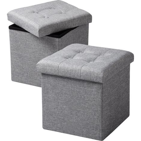 Woltu – Lot de 2 tabourets pouf de rangement pliables en lin – Charge jusqu'à 150 kg – Dimensions 37,5x37,5x38cm – Gris clair (1/4)