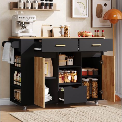 Isola da cucina 120x71x90 cm in MDF nero e naturale, allungabile, FloraGrace (1/5)