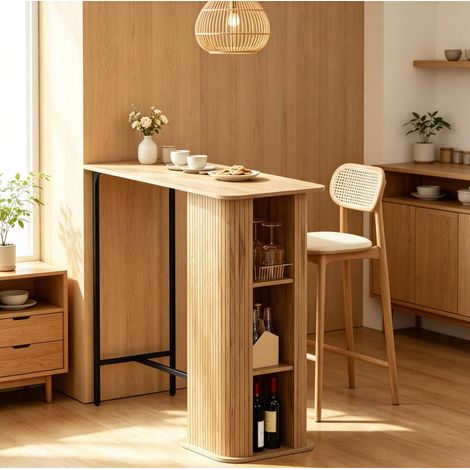 Mesa de bar 112x50x106 cm MDF y metal roble/negro con enchufes y almacenaje - CHICFURN (1/5)