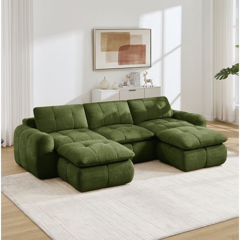 Divano modulare a U 3 posti in ciniglia con 2 pouf, verde (1/5)